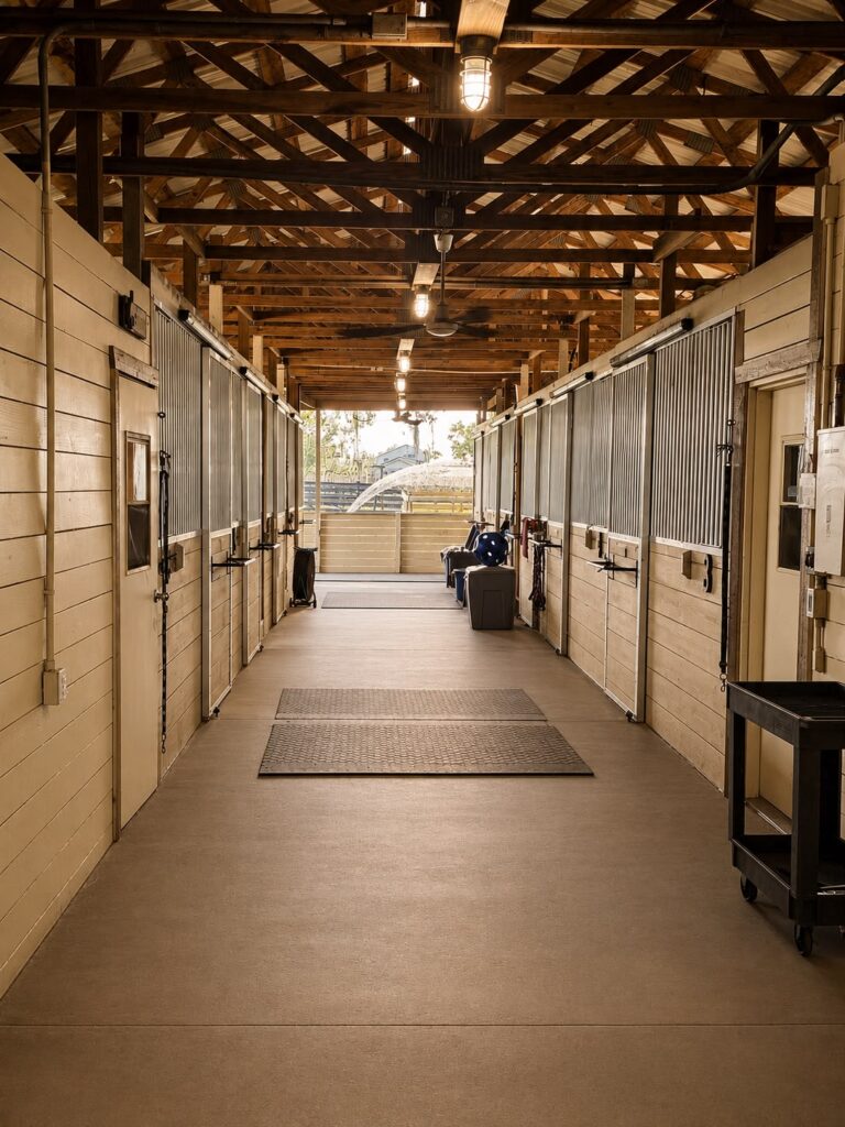 Inside the horse boarding barn at Darly Oaks Equestrian serving all of South Florida.