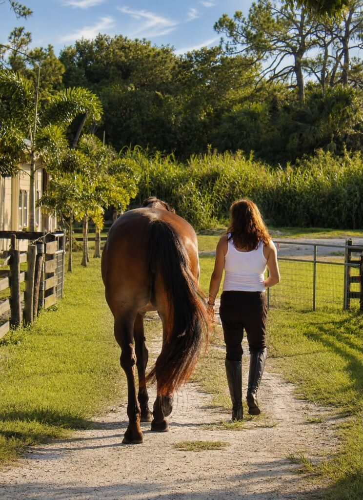 Woman enjoying her horse boarding experience at Darly Oaks Equestrian, near Stuart, FLorida.